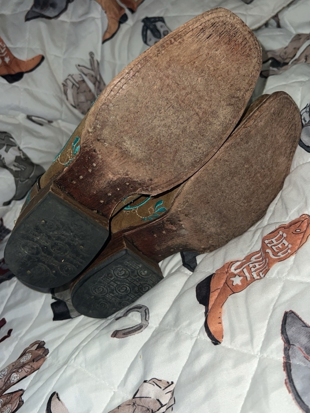 Brown Western Embroidered Cowgirl Boots with Teal Accents - Picture 2 of 3